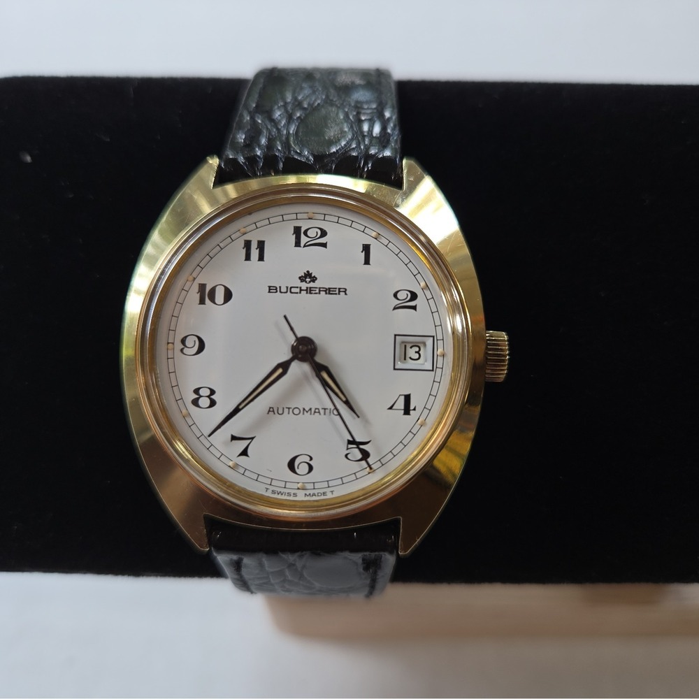 Bucherer Mens Watch. Plaque Ten Micron Gold, Automatic,Date,Leather Band.